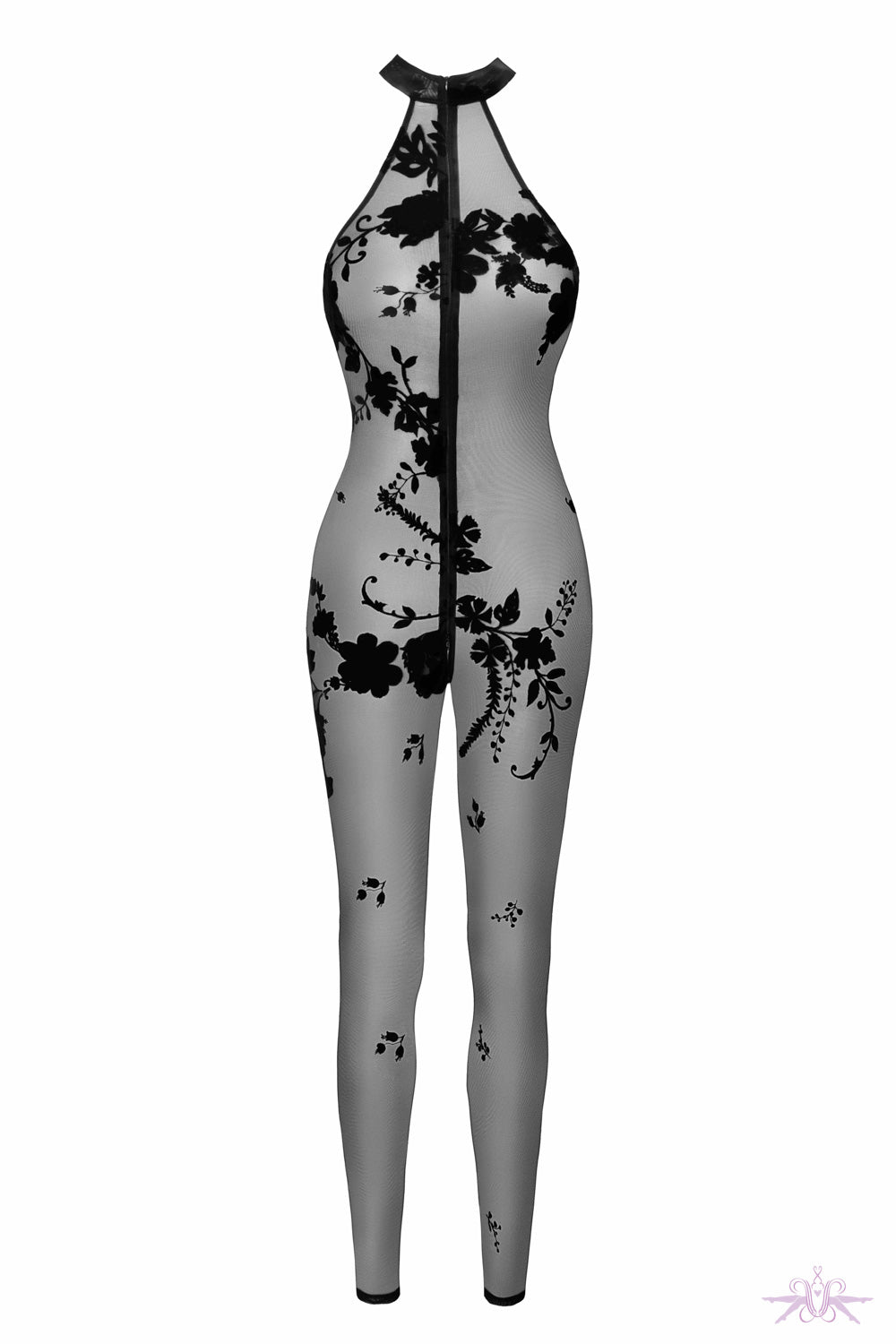 Noir Handmade Flocked Mesh Halter Catsuit