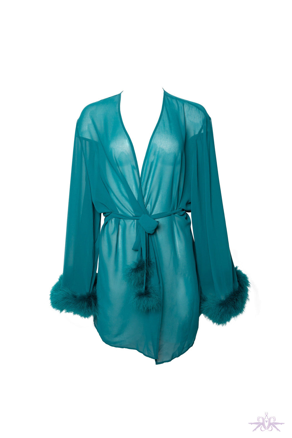 Bettie Page Feather Trim Teal Robe at the Hosiery Box Dressing Gown and ...