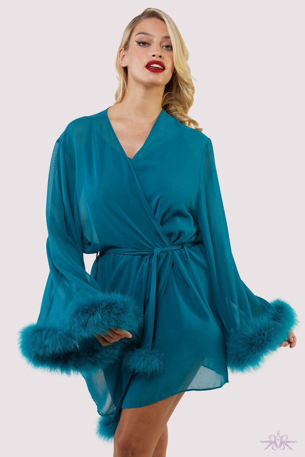 Bettie Page Feather Trim Teal Robe at the Hosiery Box Dressing Gown and ...